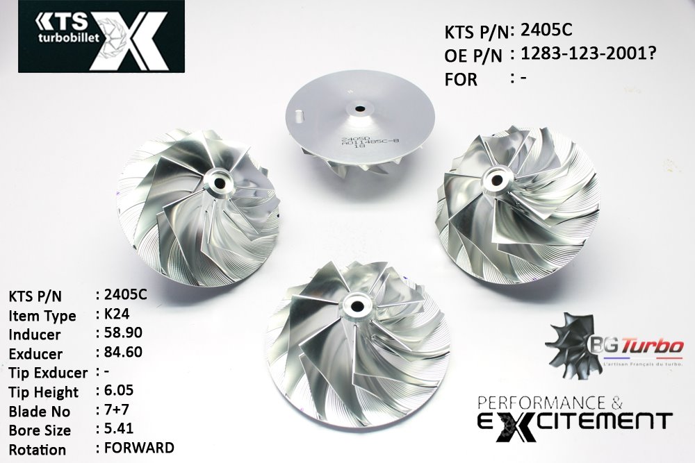 Turbo ROUE FORGÉE MFS PERFORMANCE - 7+7 PALES - INDUCER : 58,9 - EXDUCER : 84,6 - TYPE : K24ANGLE : 45° - ROTATION : Forward - SUPER BACK : 2,7 - BORE SIZE : 5,41
